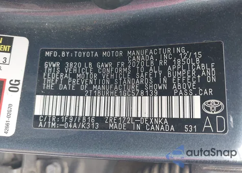 2016 Toyota Corolla Le z USA, uszkodzony, nr VIN 2T1BURHE1GC578139